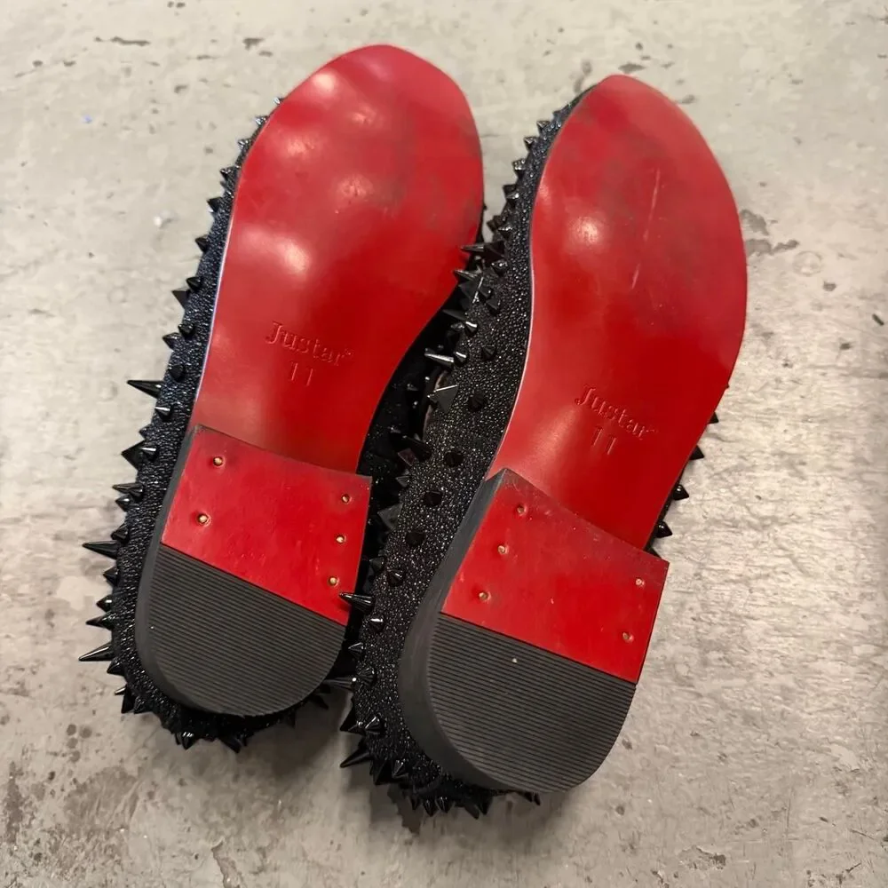 Justar Men’s Black studded loafers with spikes Red Bottoms Men’s Size 11
